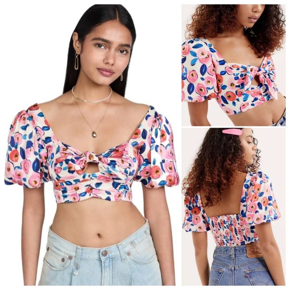 For Love & Lemons | Floral Print Satin Square Neckline Gianna Crop Top Small